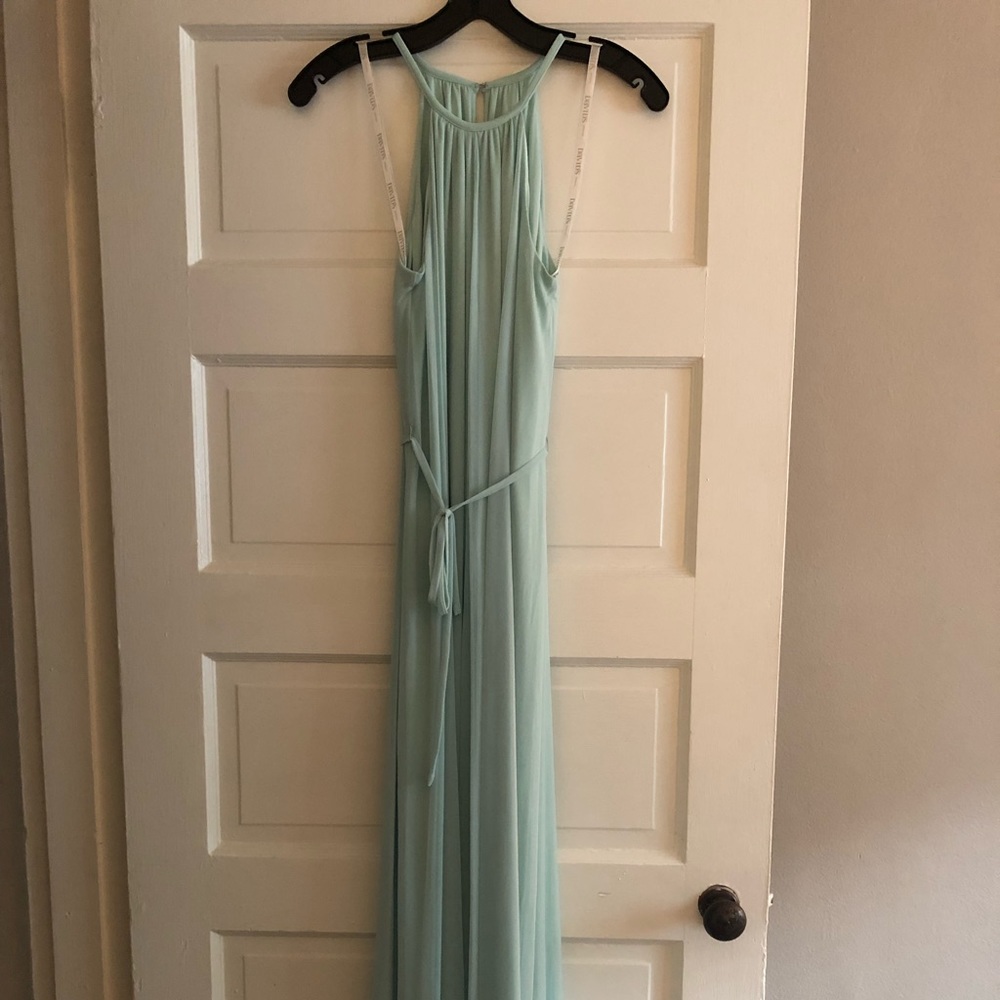 Mint green bridesmaids dress, David’s Bridal